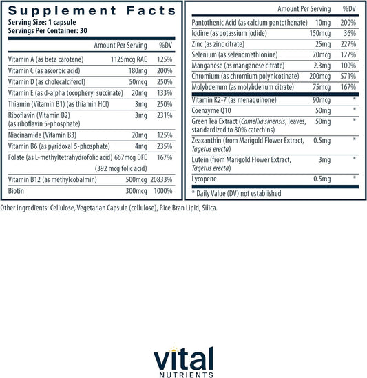 Tabla de ingredientes del multivitamínico vegano de Vital Nutrients.