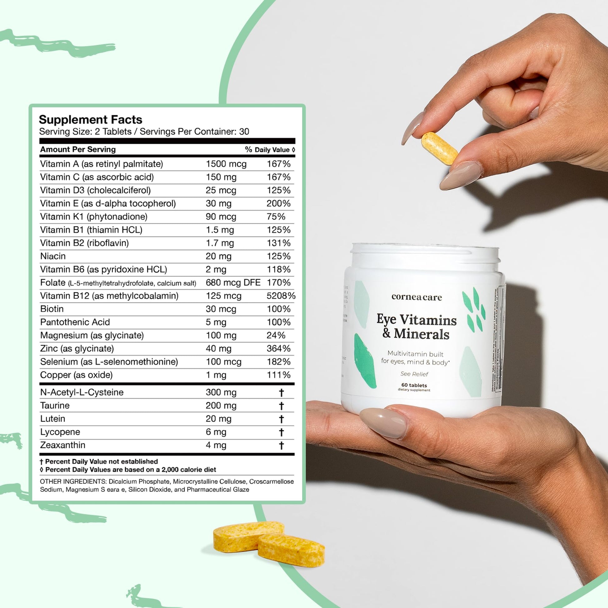Tabla de ingredientes de los suplementos ocular de CorneaCare