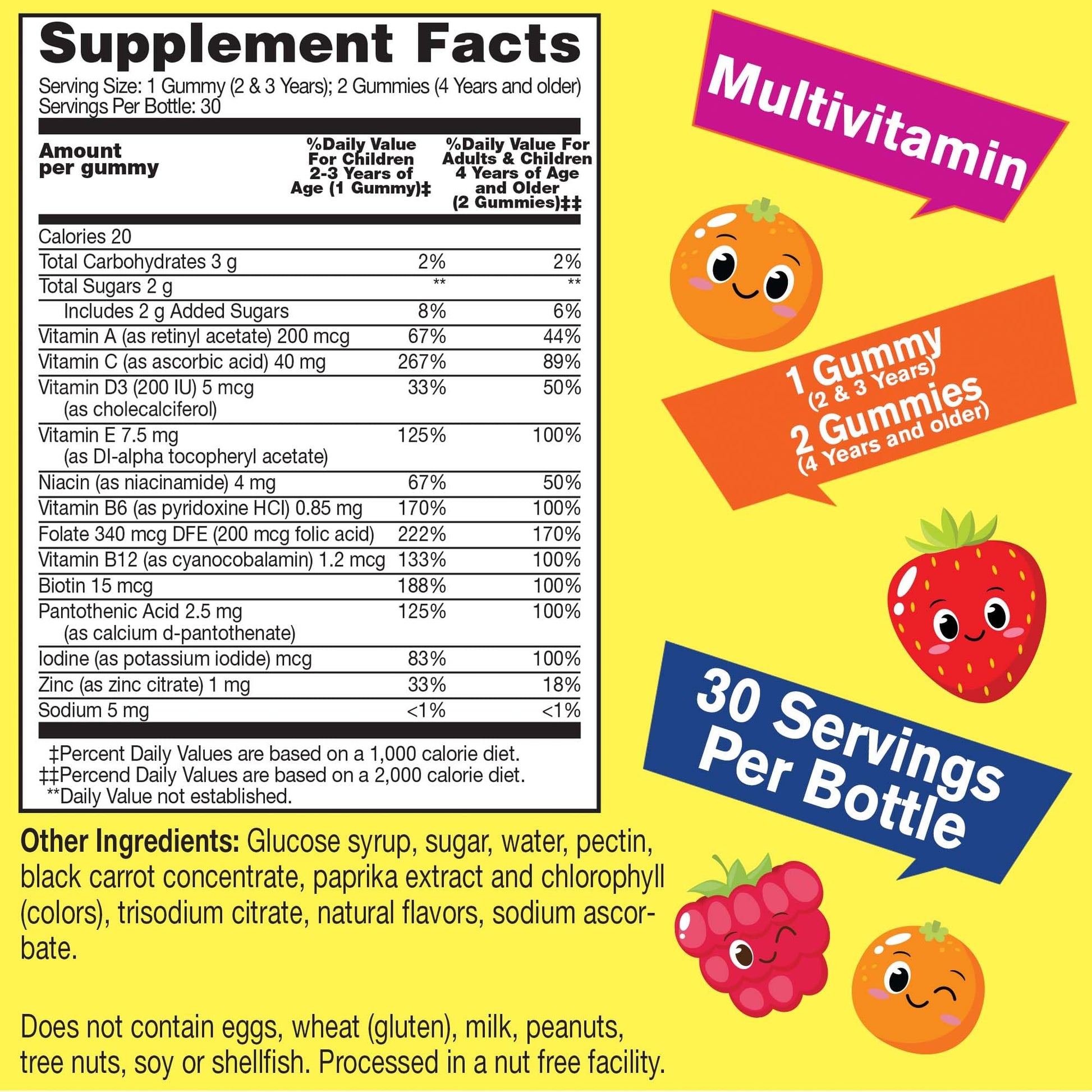 Tabla de ingredientes y suplemento de vitaminas para gomitas