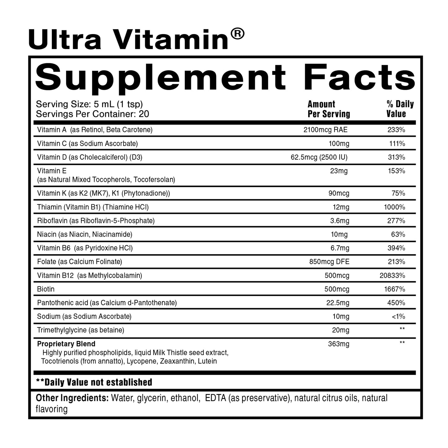 Tabla de ingredientes de Ultra Vitamin