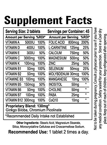 Tabla de ingredientes y vitaminas multivitaminas mujer