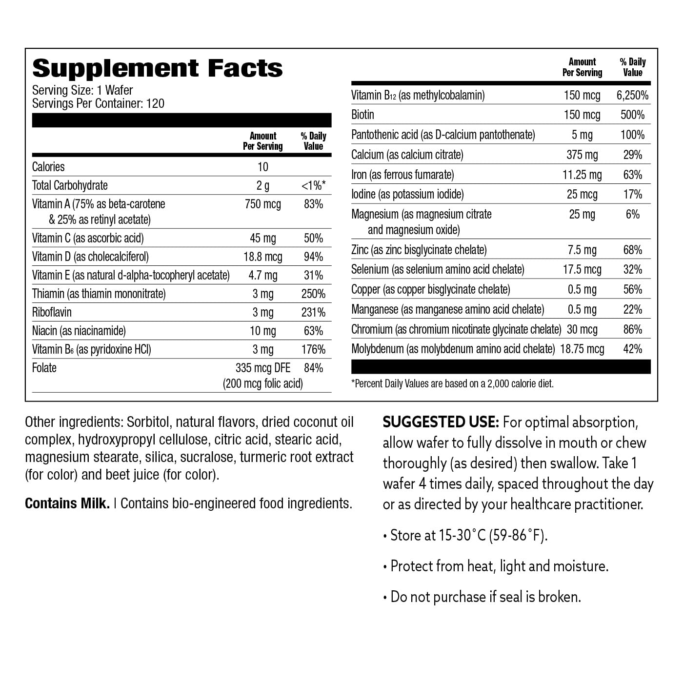 Tabla de nutrición del multivitamínico bariátrico con hierro