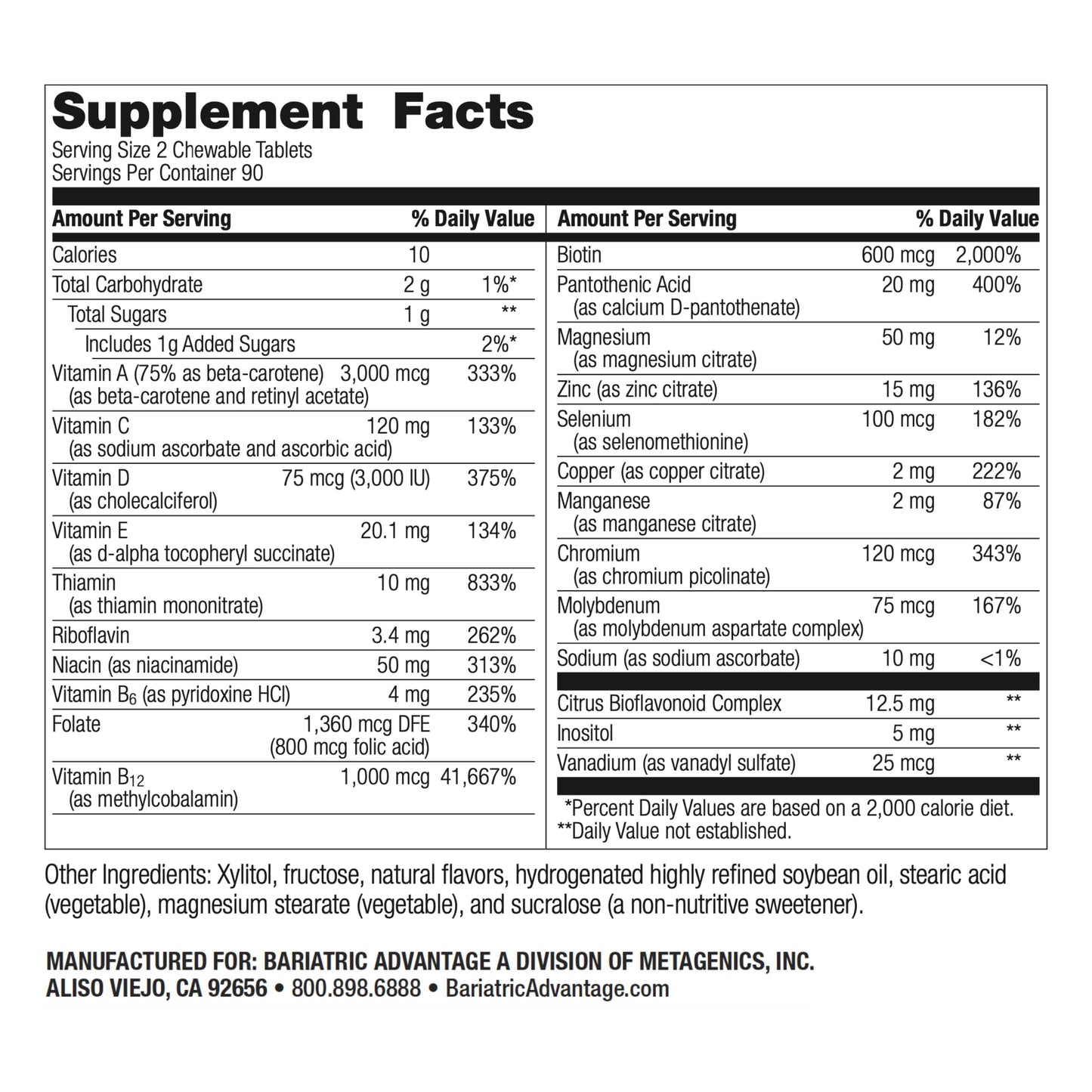 Tabla nutricional multivitaminas Bariatric Advantage