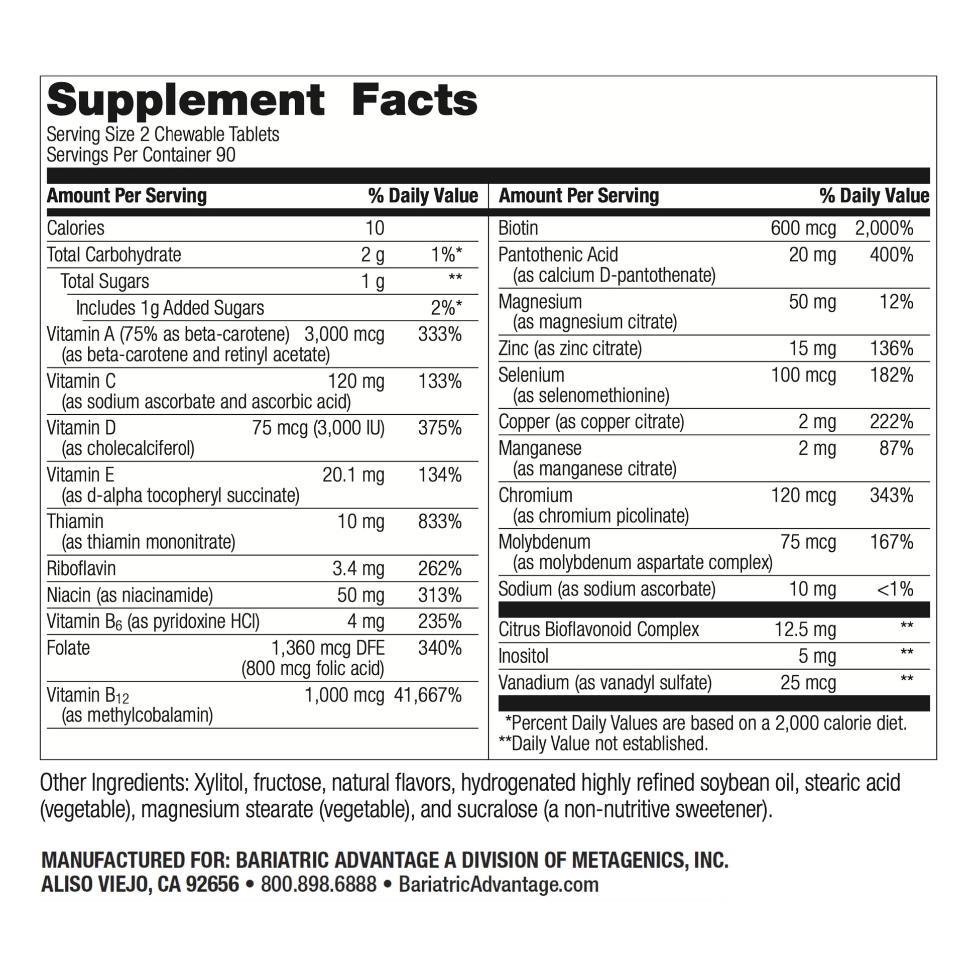 Tabla nutricional multivitaminas Bariatric Advantage
