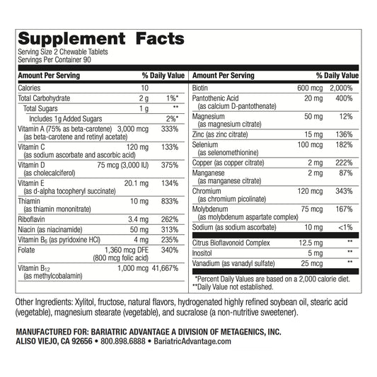 Tabla nutricional multivitaminas Bariatric Advantage