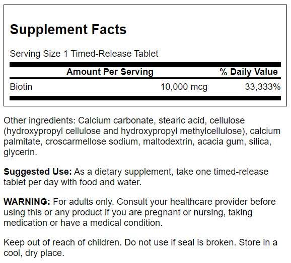 Tabla nutricional de Biotina Swanson liberación prolongada 10000 mcg