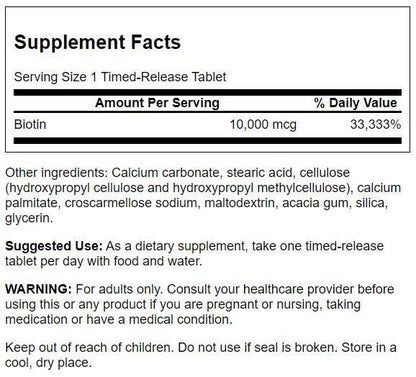 Tabla nutricional de Biotina Swanson liberación prolongada 10000 mcg