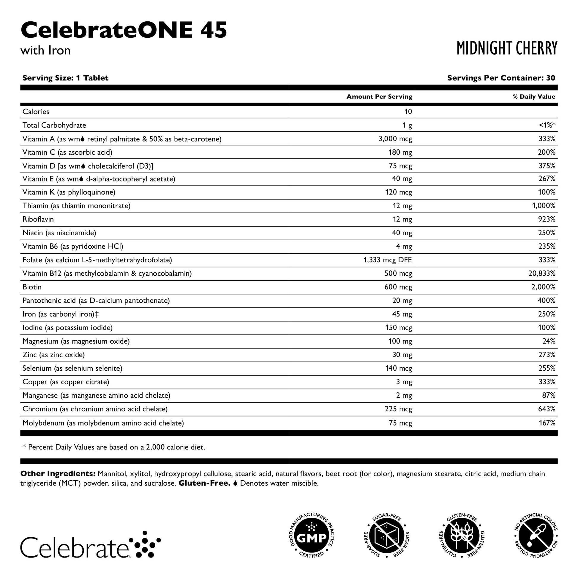 Tabla nutricional CelebrateONE 45 con ingredientes