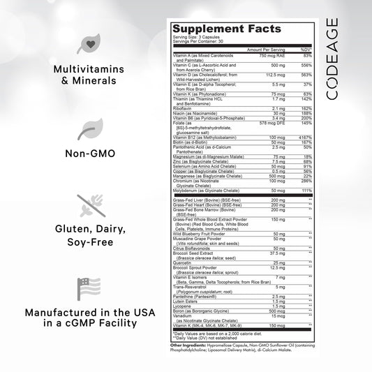 Tabla de información nutricional del suplemento Codeage
