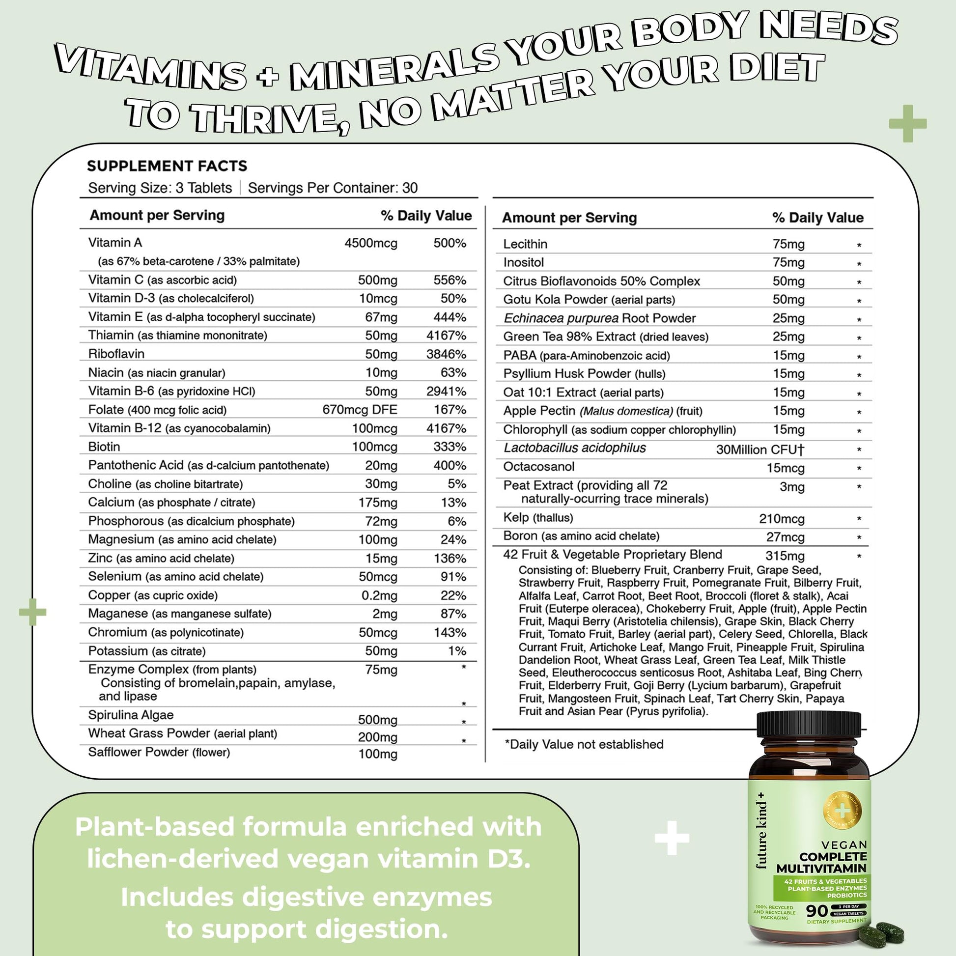 Tabla nutricional de Future Kind para multivitaminas veganas - Botella ecológica.