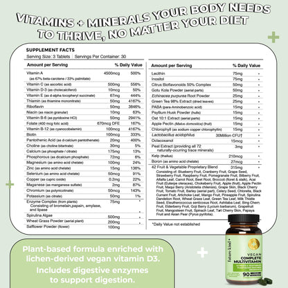 Tabla nutricional de Future Kind para multivitaminas veganas - Botella ecológica.