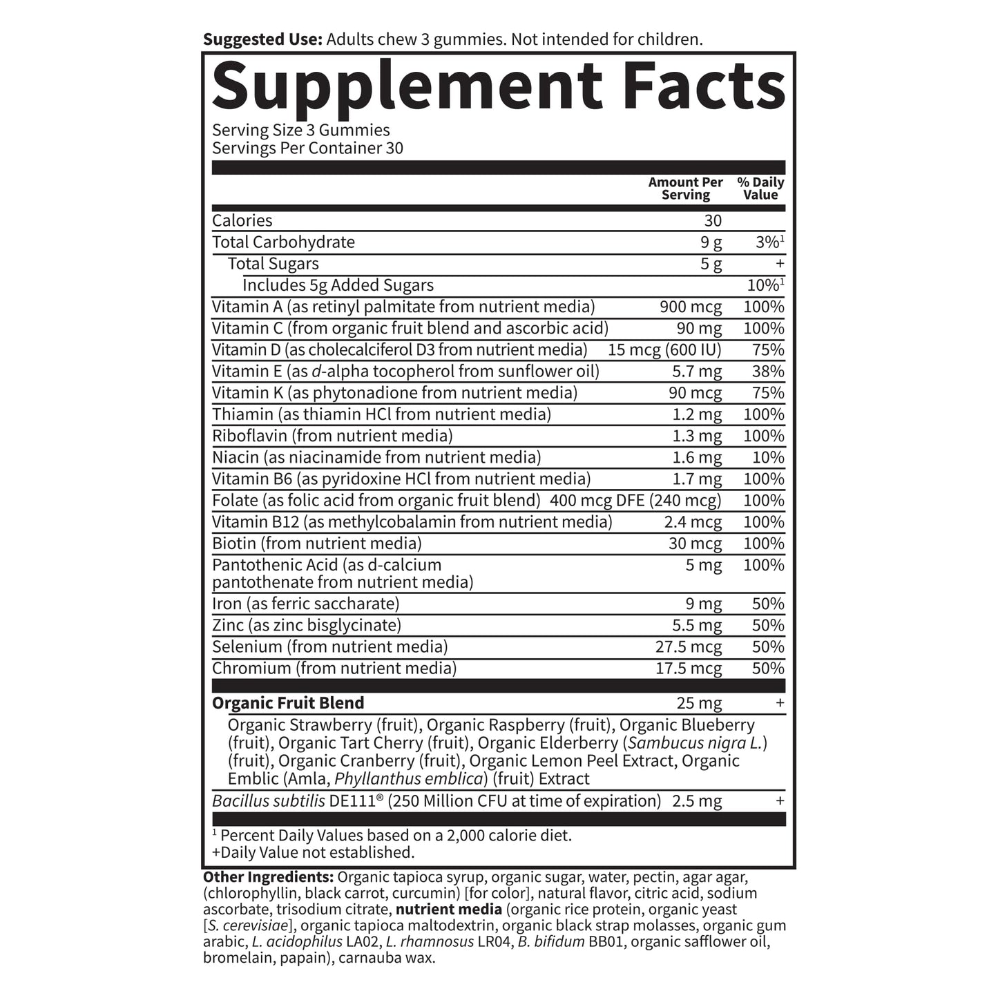 Tabla de información nutricional de las gomitas multivitamínicas para mujeres