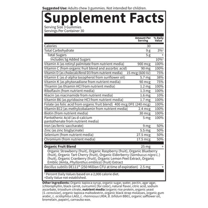 Tabla de información nutricional de las gomitas multivitamínicas para mujeres