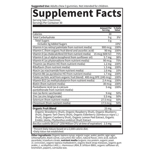 Tabla de información nutricional de las gomitas multivitamínicas para mujeres