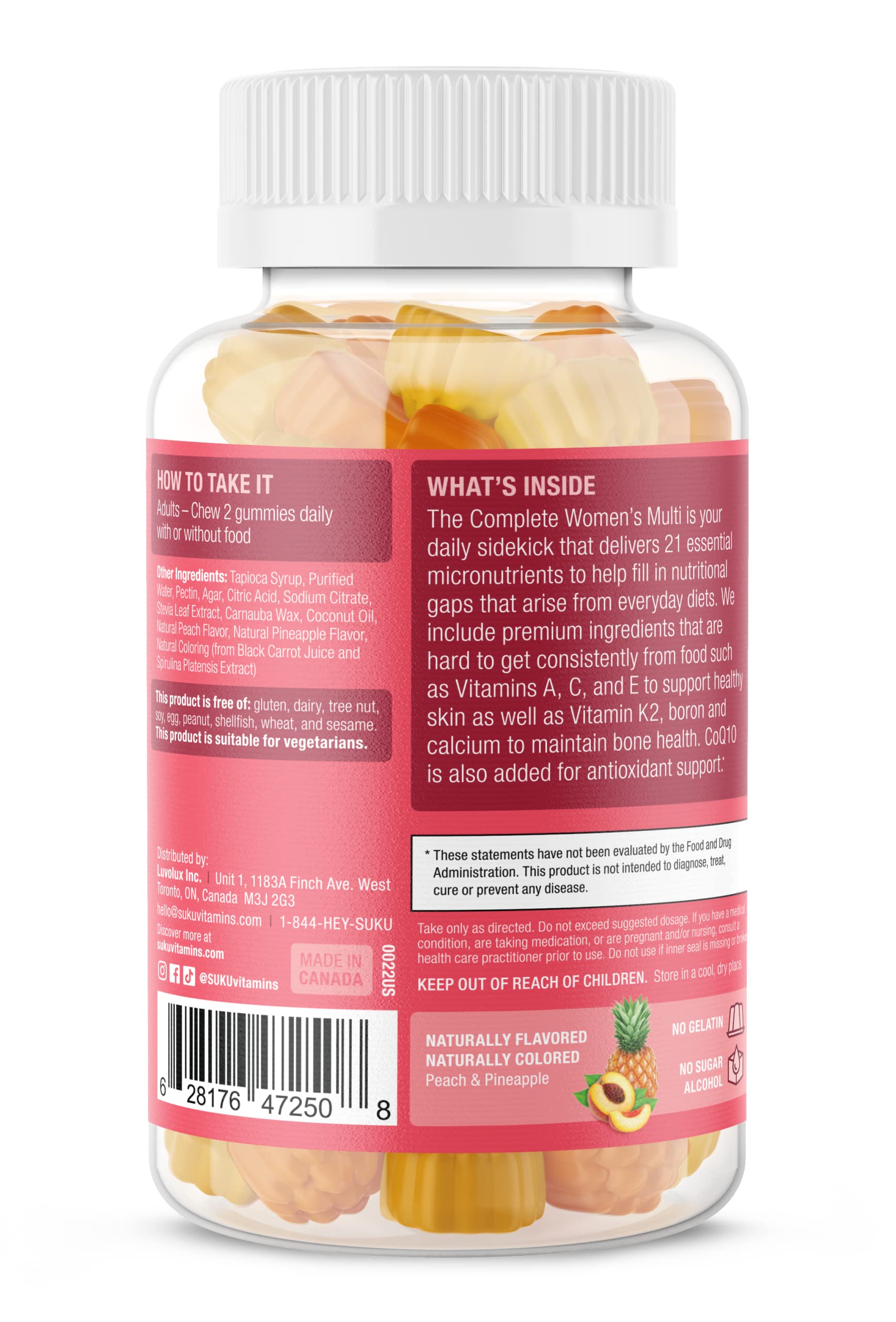 Tabla nutricional de las gomitas SUKU Vitamins para mujeres.