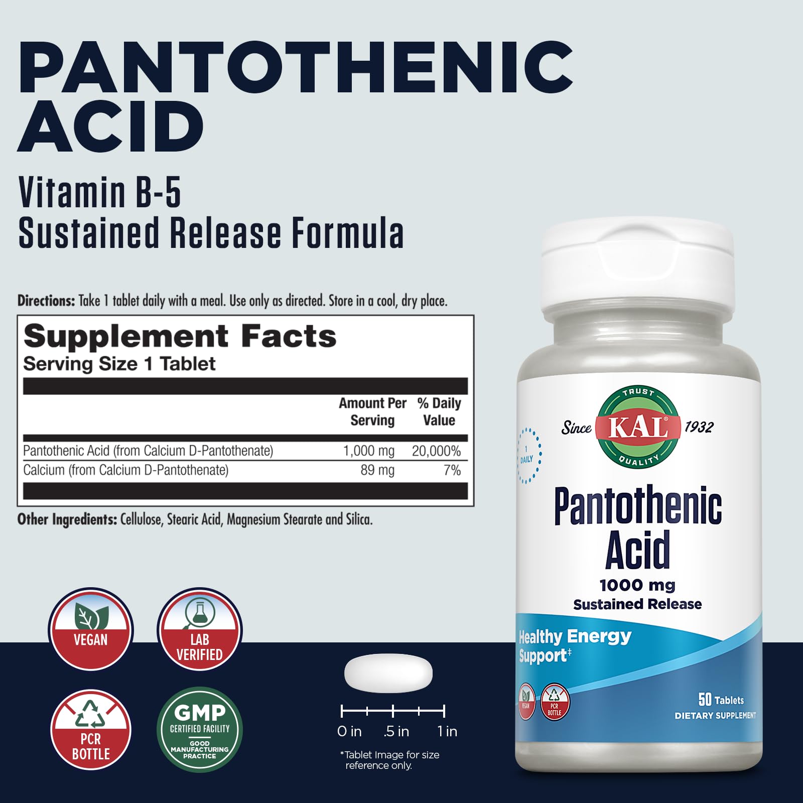 Tabla nutricional KAL ácido pantoténico vit B5 1000mg