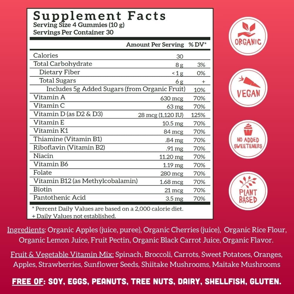 Tabla nutricional multivitamínico gomoso Llama Naturals