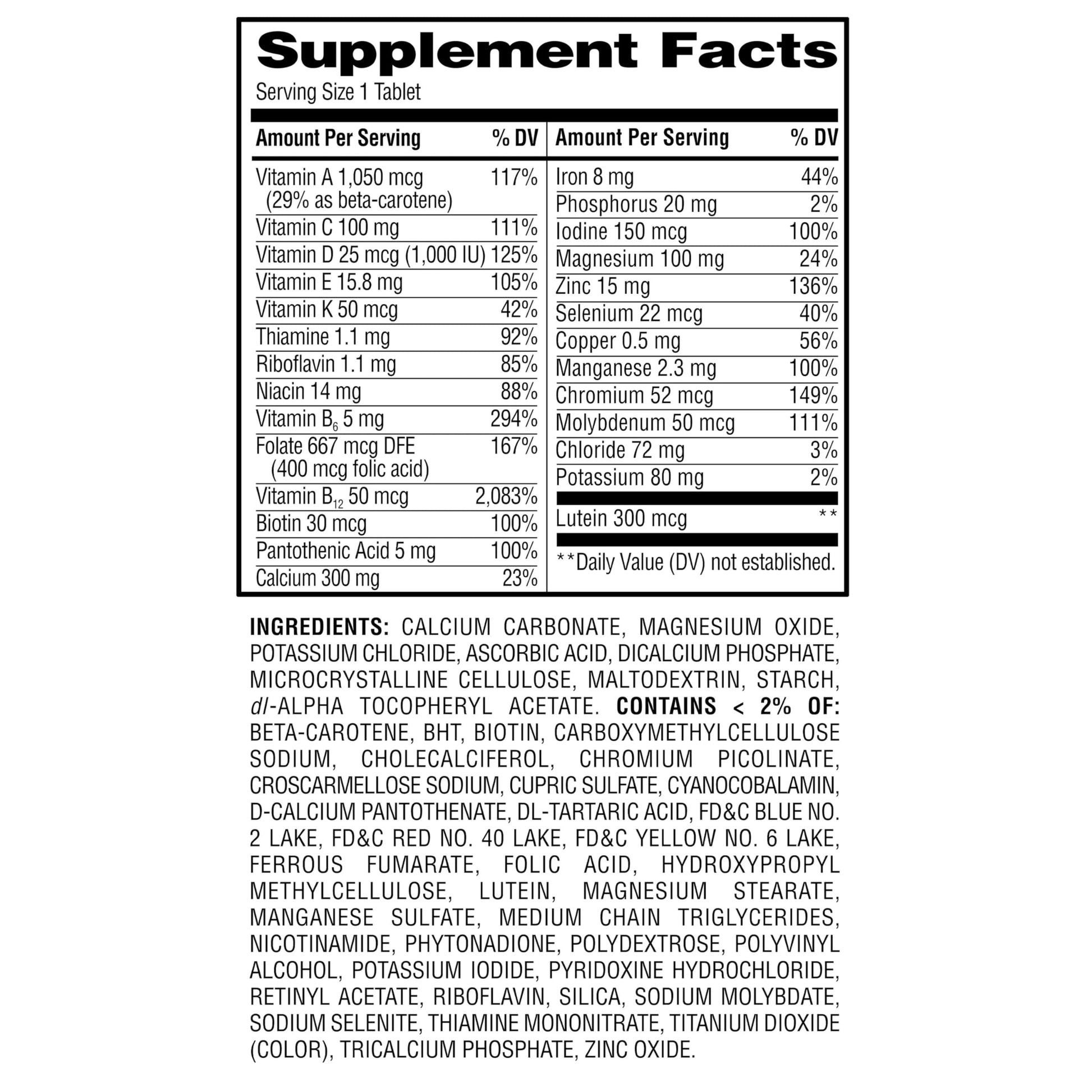 Tabla nutricional de multivitaminas Equate Mujeres 50+