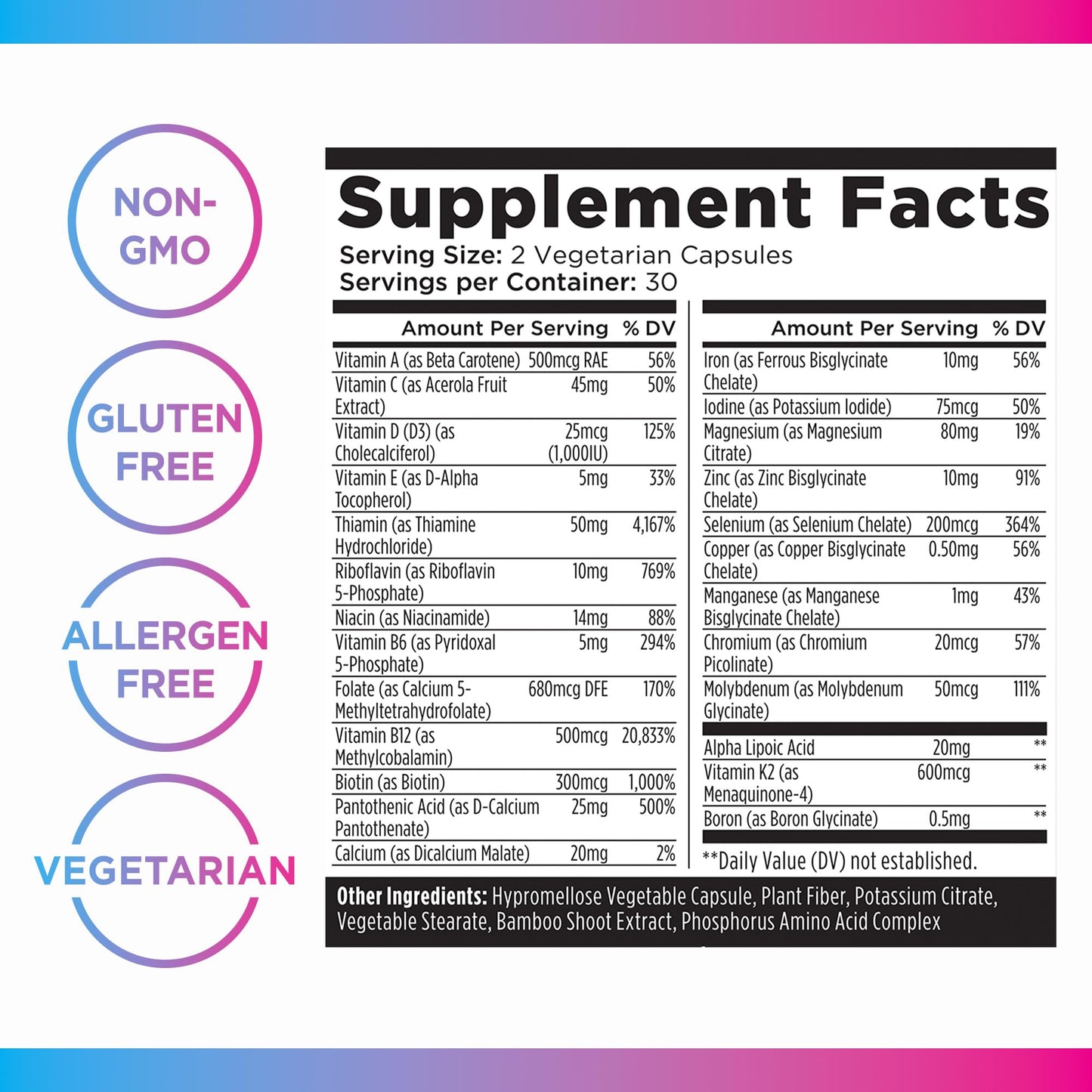 Tabla nutricional multivitaminas Livingood