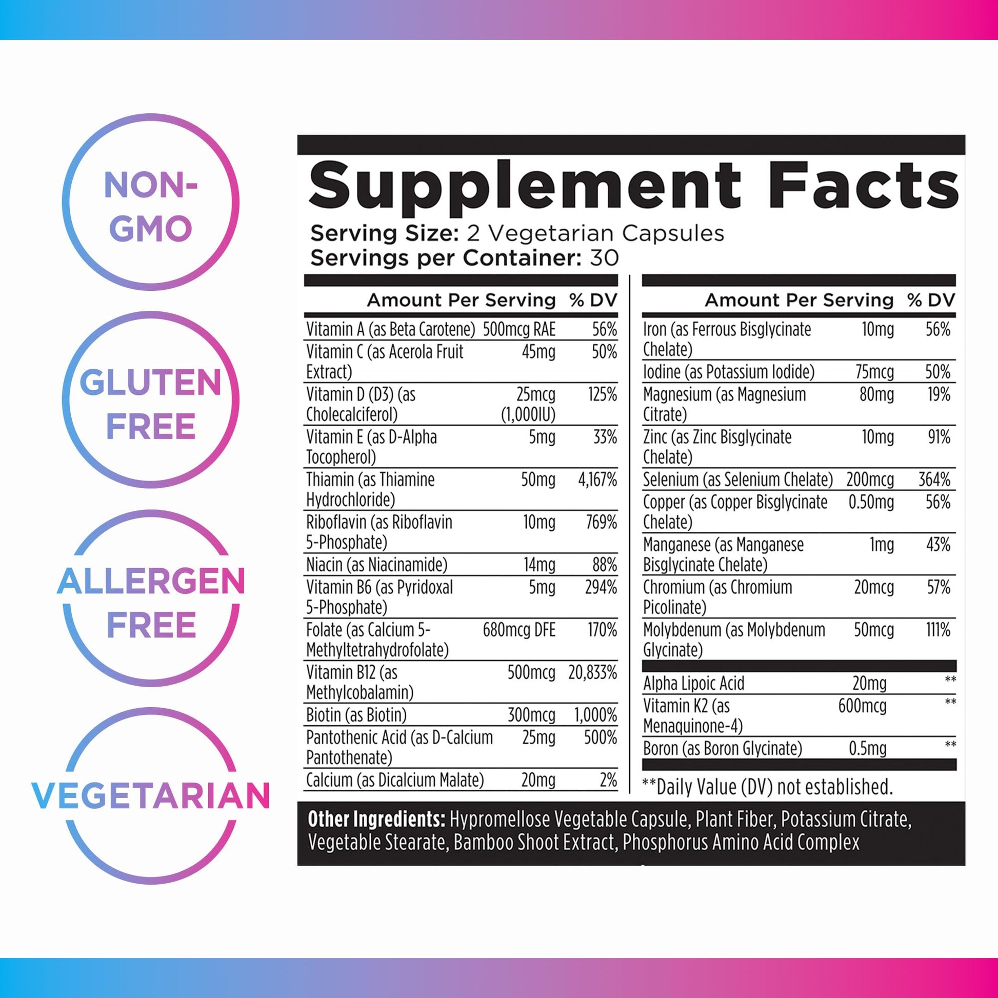 Tabla nutricional multivitaminas Livingood