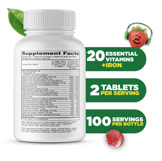 Tabla nutricional de multivitaminas para niños de Lifeable