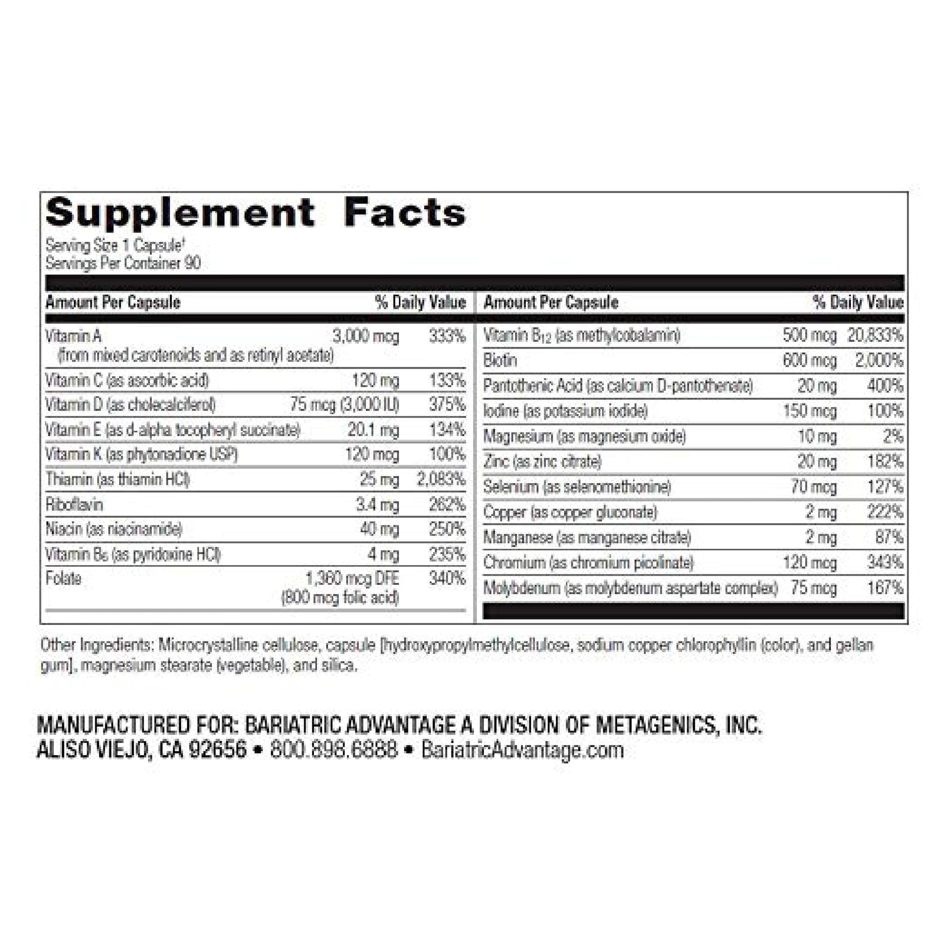 Tabla nutricional de multivitaminas Ultra Solo