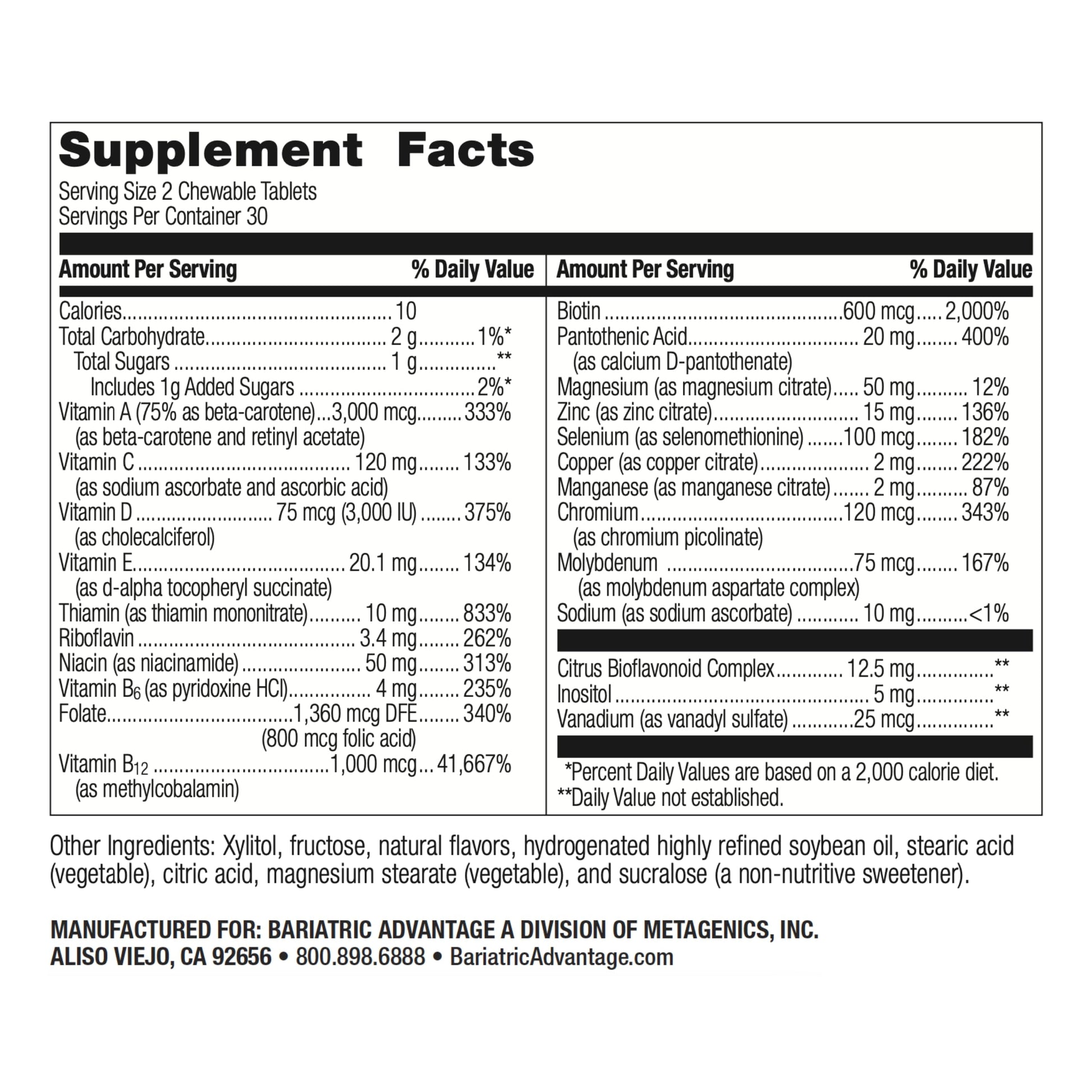 Tabla de hechos nutricionales para multivitamínicos Bariatric Advantage