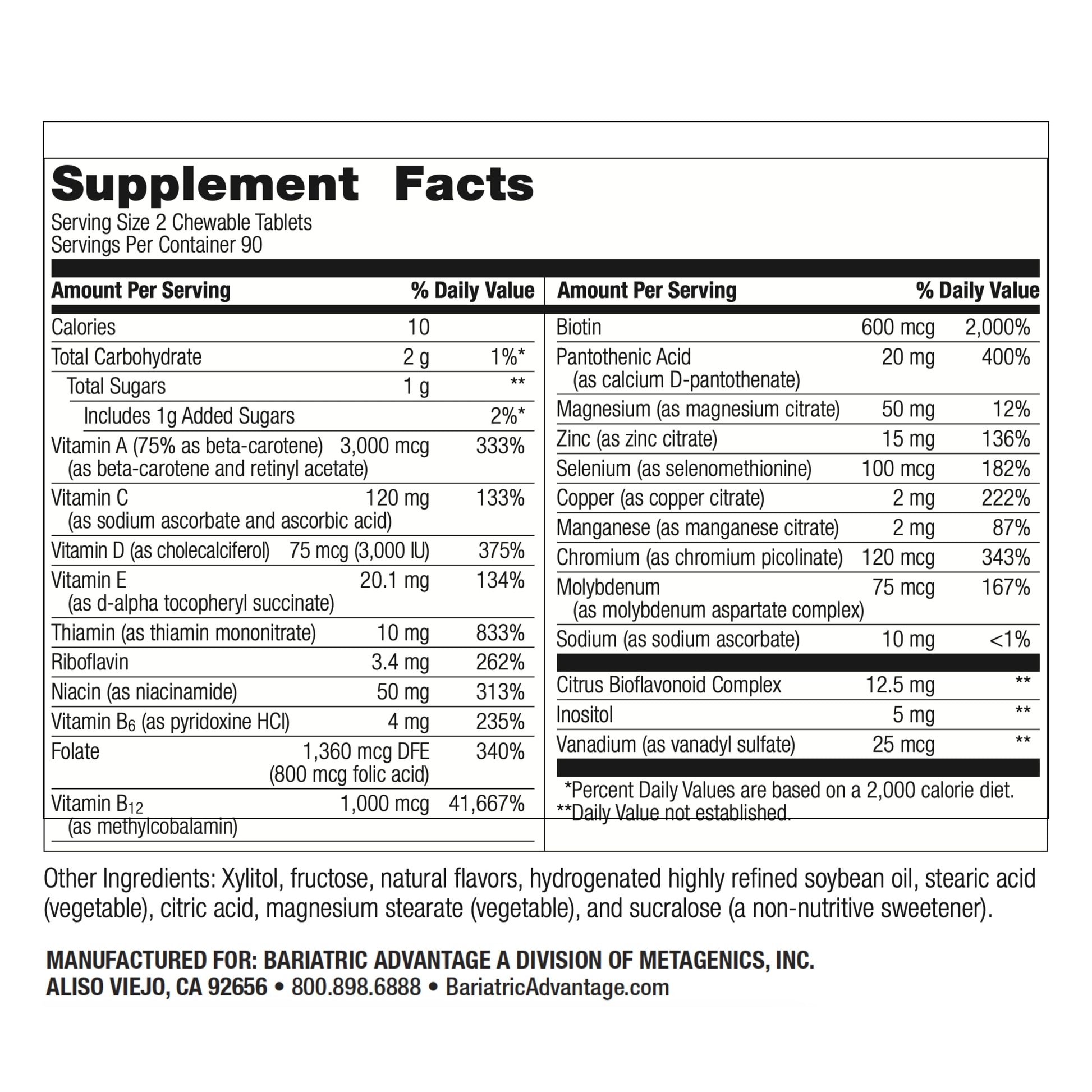 Tabla nutricional del multivitamínico Bariatric Advantage