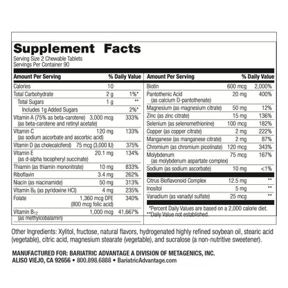 Tabla nutricional del multivitamínico Bariatric Advantage