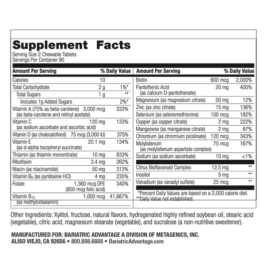 Tabla nutricional del multivitamínico Bariatric Advantage