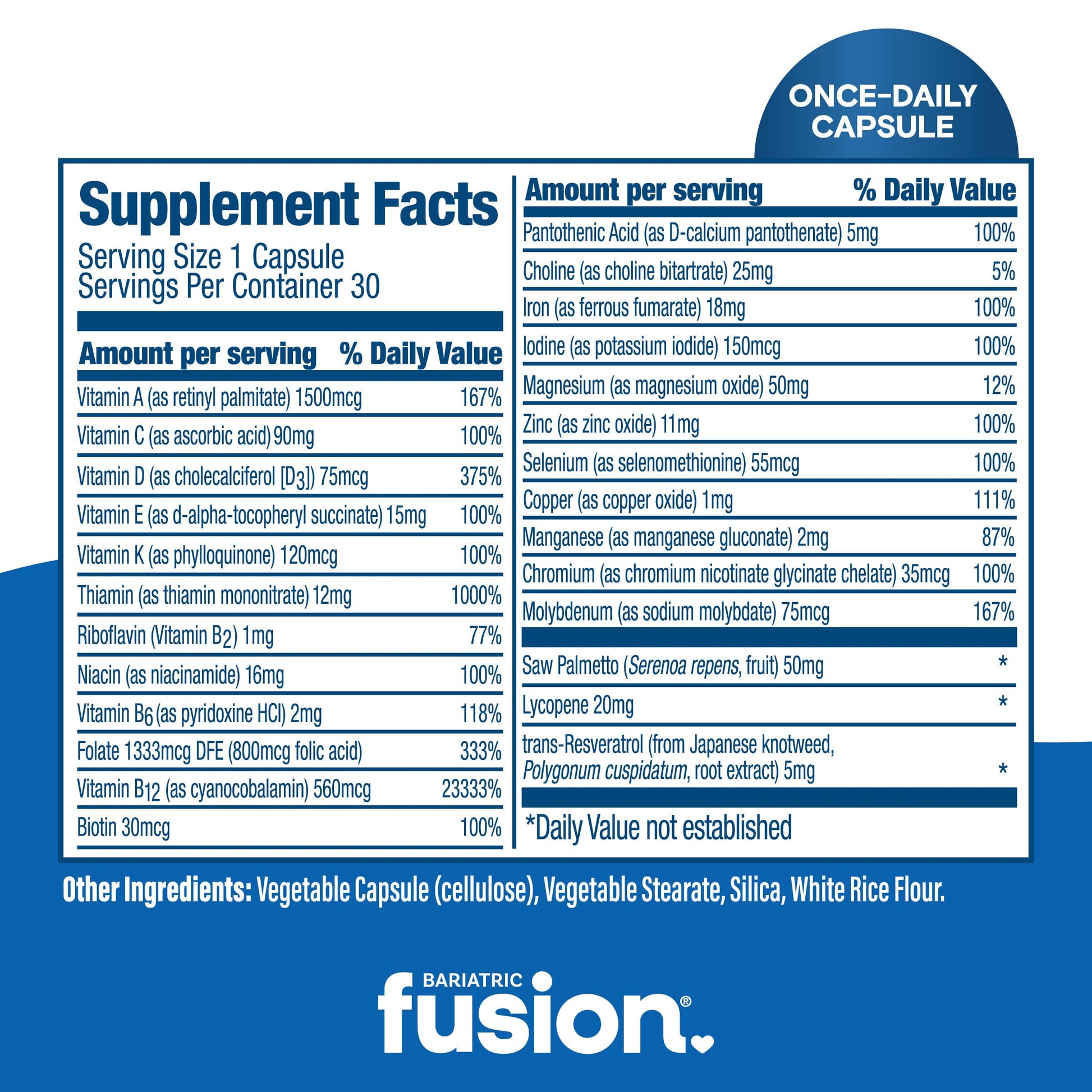 Tabla nutricional del multivitamínico Bariatric Fusion para hombres.