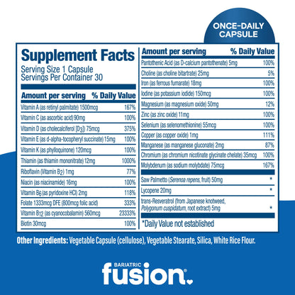 Tabla nutricional del multivitamínico Bariatric Fusion para hombres.
