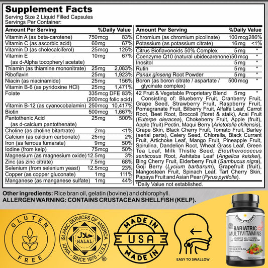 Tabla nutricional del multivitamínico bariátrico con 42 superalimentos.