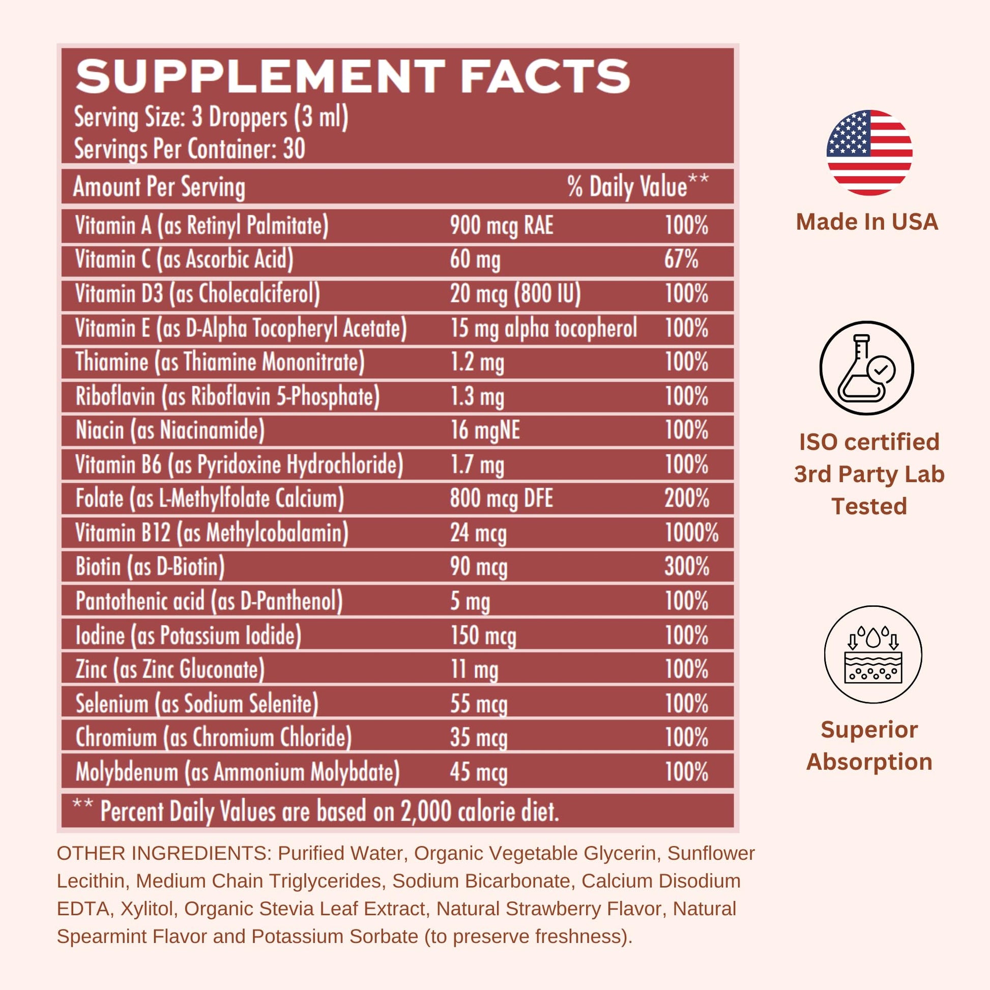 Tabla nutricional del multivitamínico líquido para hombres.
