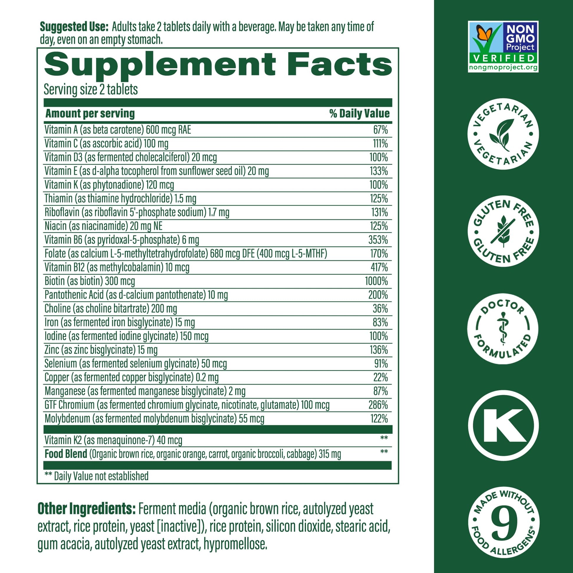 Tabla de información nutricional del multivitamínico MegaFood