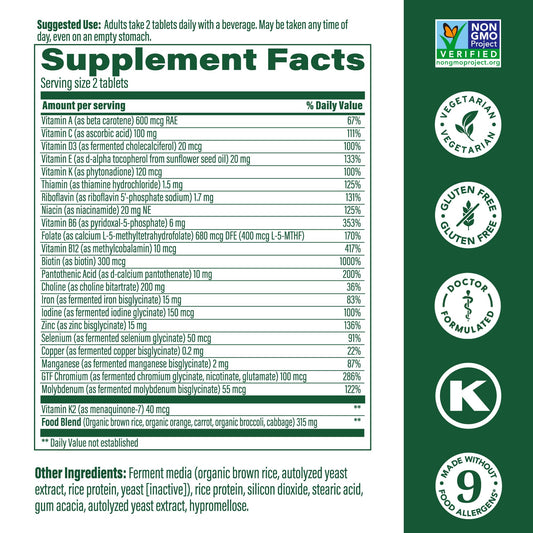 Tabla de información nutricional del multivitamínico MegaFood