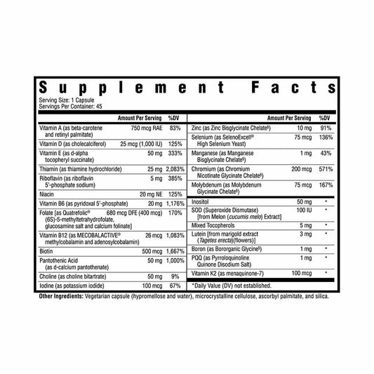 Tabla nutricional del multivitamínico Seeking Health