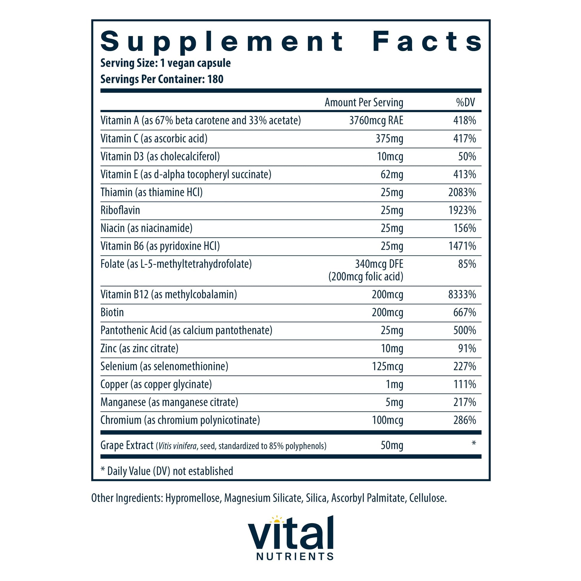 Tabla nutricional multivitamínico Vital Nutrients mínimo y esencial