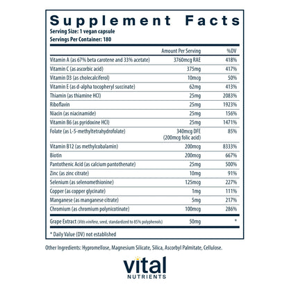 Tabla nutricional multivitamínico Vital Nutrients mínimo y esencial