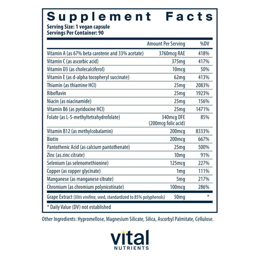Tabla de información nutricional multivitamínico Vital Nutrients.
