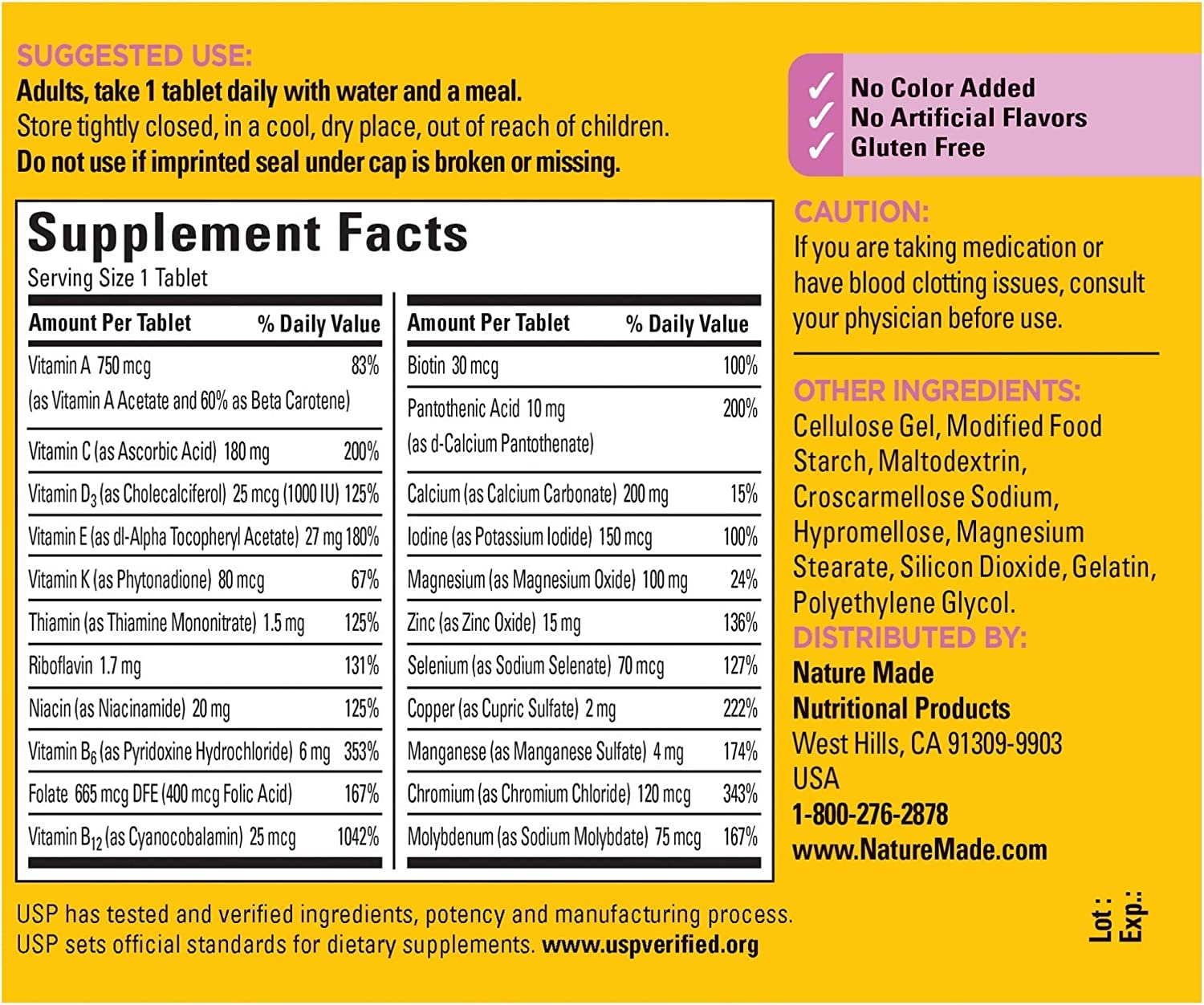Tabla nutricional del multivitamínico