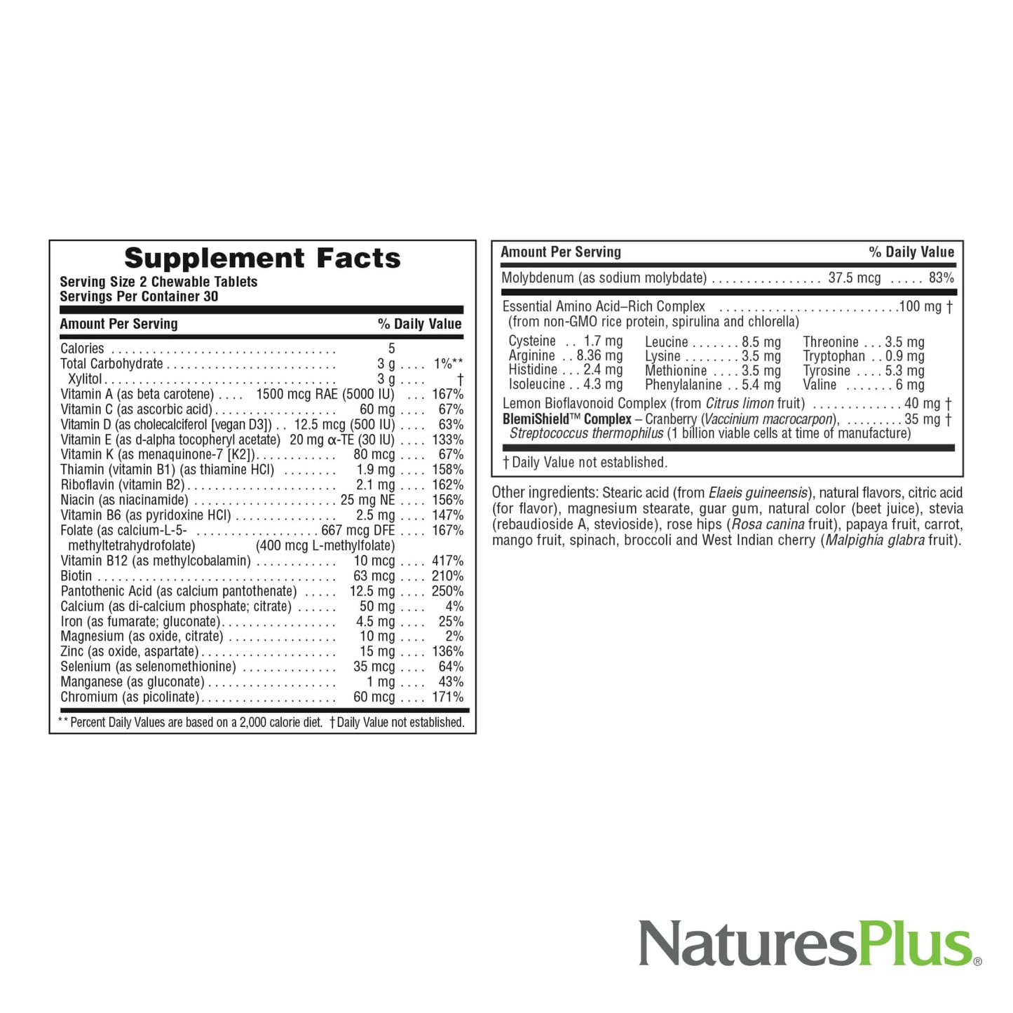 tabla nutricional de natures plus power teen tablets
