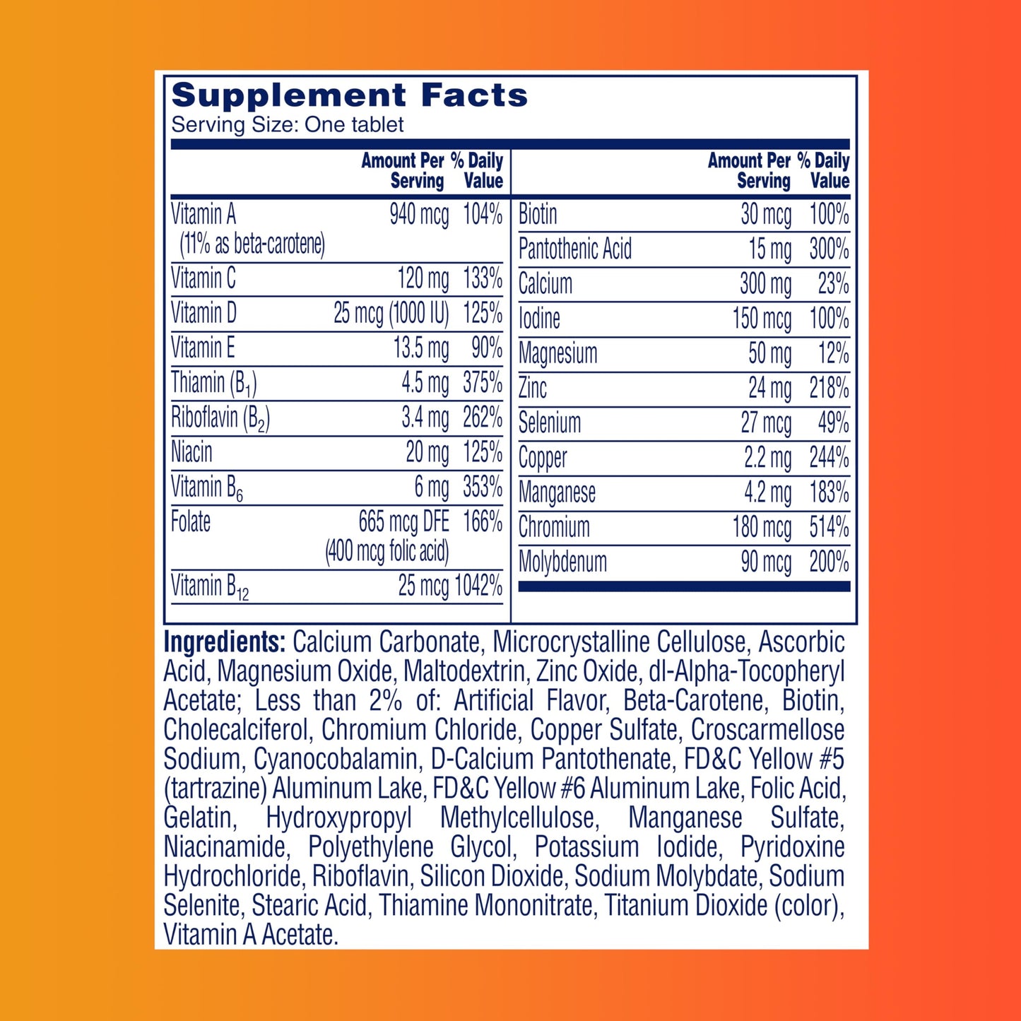 Botella con tabla de información nutricional de multivitaminas One A Day