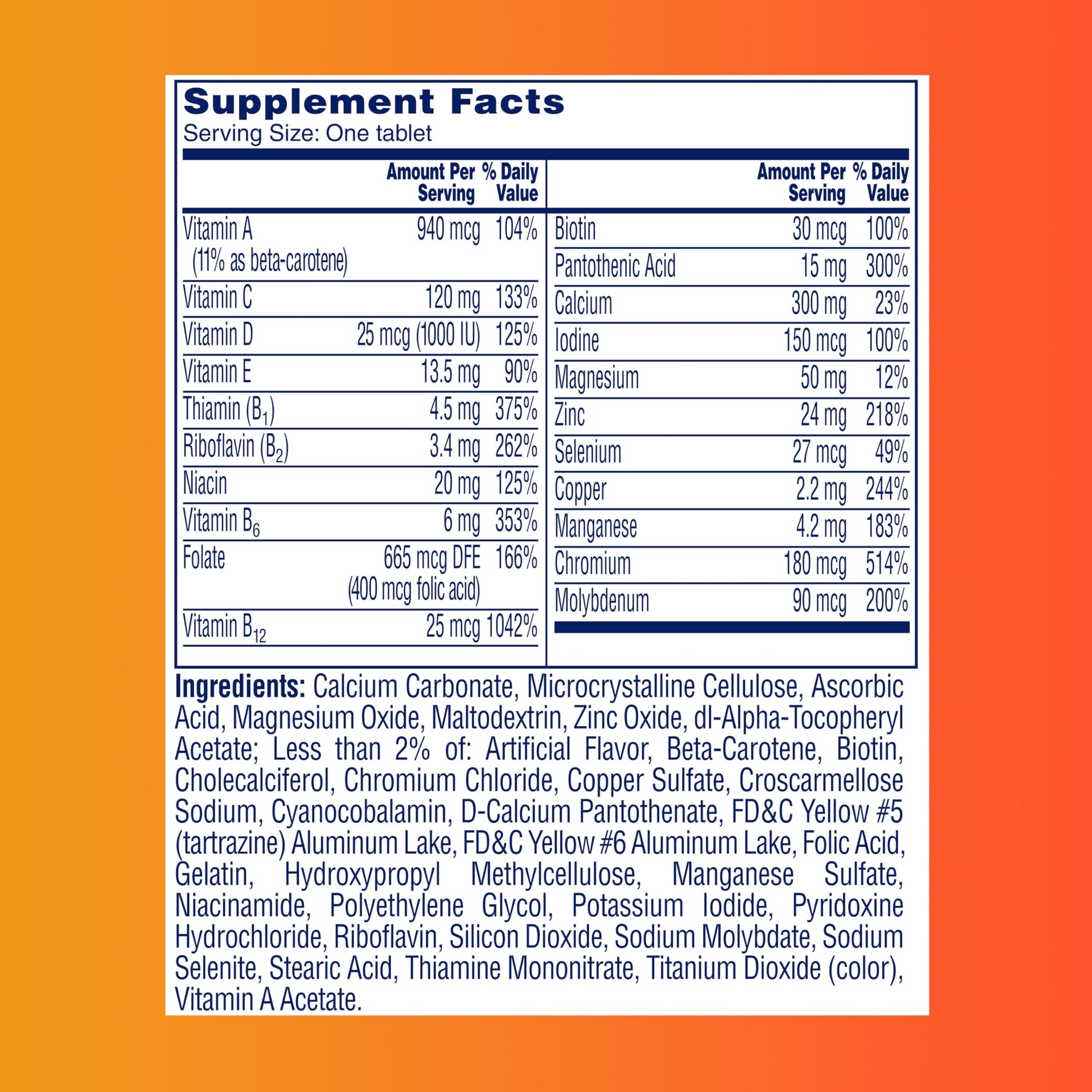 Botella con tabla de información nutricional de multivitaminas One A Day