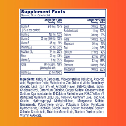 Botella con tabla de información nutricional de multivitaminas One A Day