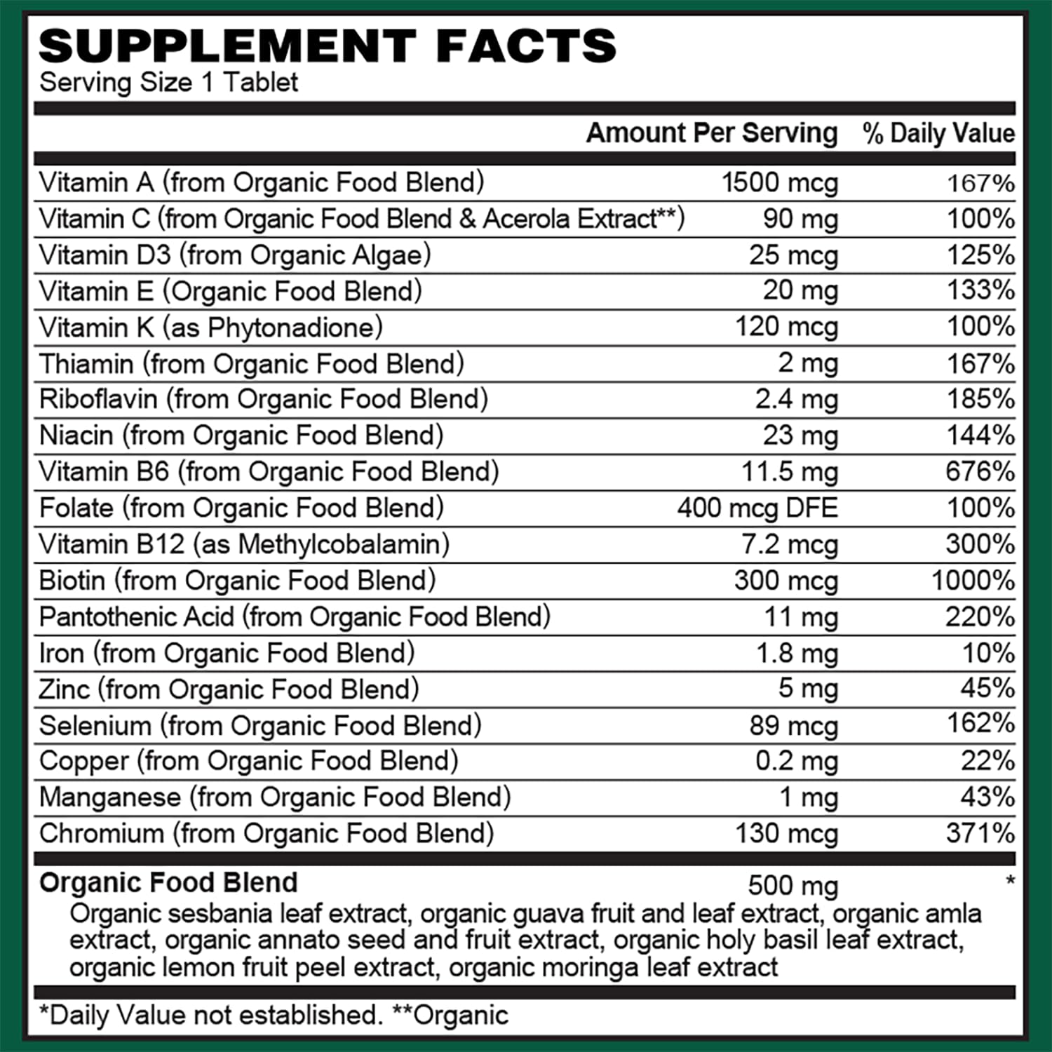 Tabla nutricional multivitamínico orgánico