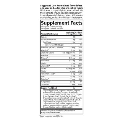 Tabla de valores nutricionales del polvo multivitamínico Garden of Life