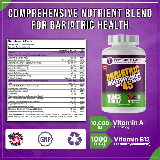 Tabla nutricional de multivitaminas con hierro ProCare para salud bariátrica.