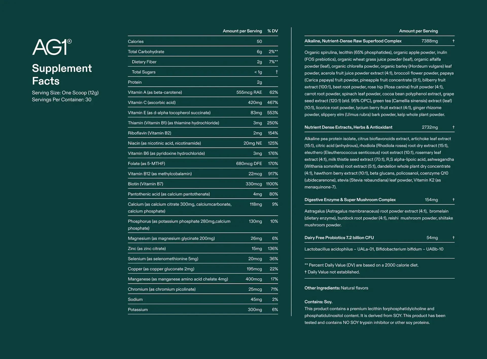 Tabla nutricional del suplemento AG1