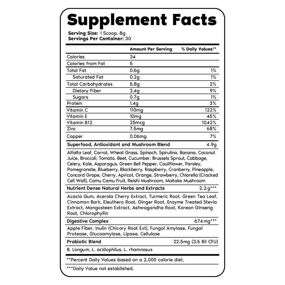 tabla nutricional de suplemento de greens primal